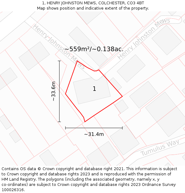 1, HENRY JOHNSTON MEWS, COLCHESTER, CO3 4BT: Plot and title map