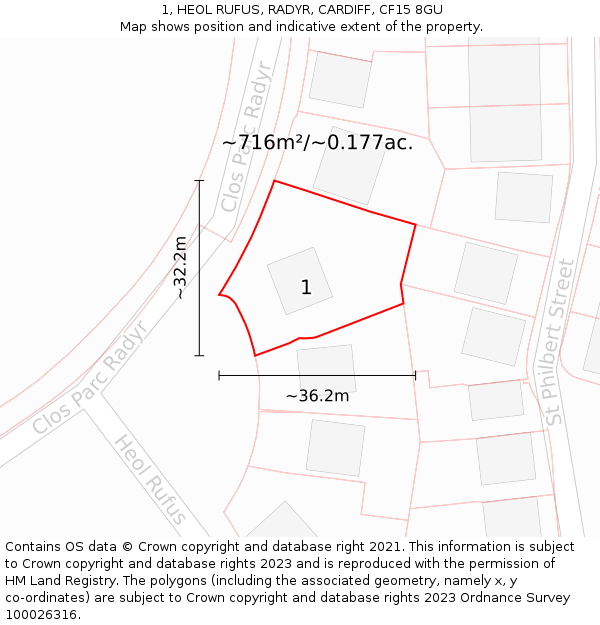 1, HEOL RUFUS, RADYR, CARDIFF, CF15 8GU: Plot and title map