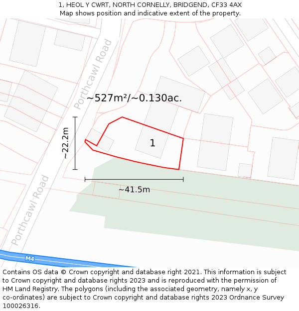 1, HEOL Y CWRT, NORTH CORNELLY, BRIDGEND, CF33 4AX: Plot and title map