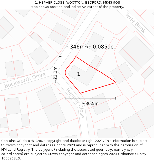 1, HEPHER CLOSE, WOOTTON, BEDFORD, MK43 9QS: Plot and title map