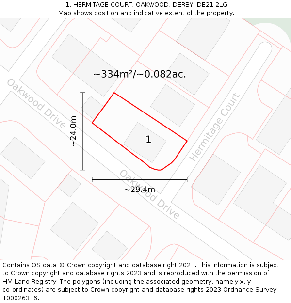 1, HERMITAGE COURT, OAKWOOD, DERBY, DE21 2LG: Plot and title map