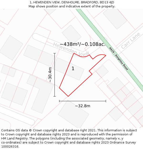 1, HEWENDEN VIEW, DENHOLME, BRADFORD, BD13 4JD: Plot and title map