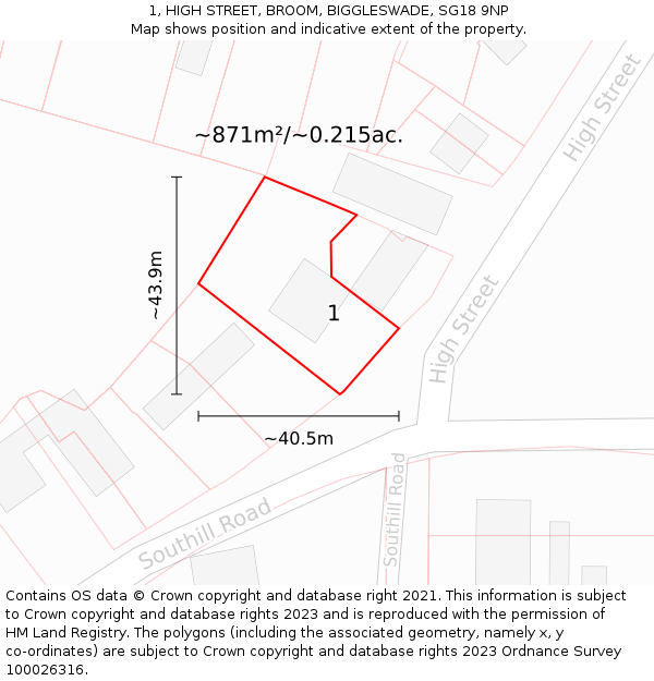 1, HIGH STREET, BROOM, BIGGLESWADE, SG18 9NP: Plot and title map