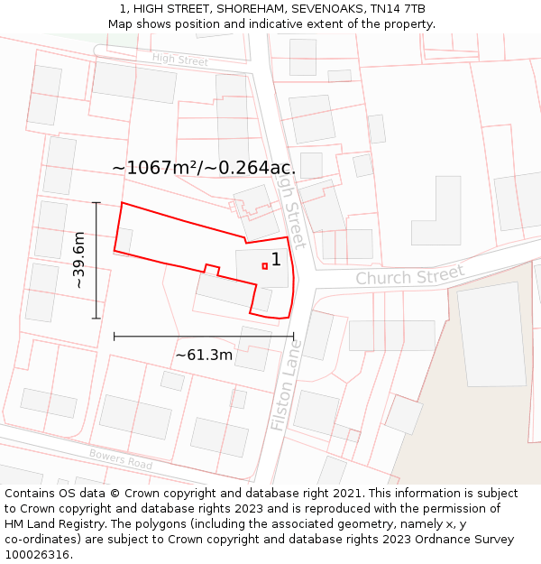 1, HIGH STREET, SHOREHAM, SEVENOAKS, TN14 7TB: Plot and title map