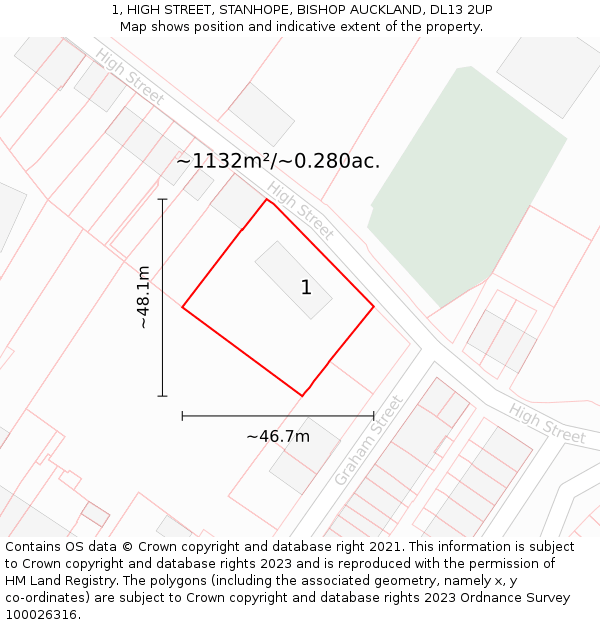 1, HIGH STREET, STANHOPE, BISHOP AUCKLAND, DL13 2UP: Plot and title map