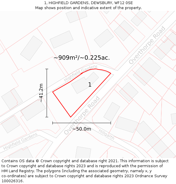 1, HIGHFIELD GARDENS, DEWSBURY, WF12 0SE: Plot and title map