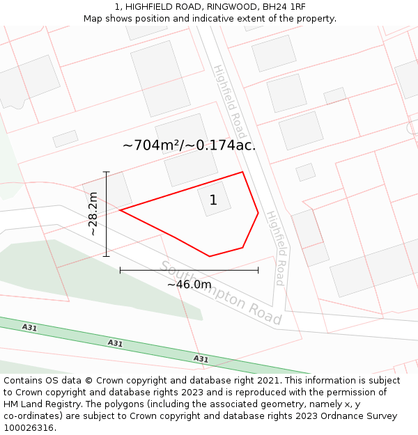 1, HIGHFIELD ROAD, RINGWOOD, BH24 1RF: Plot and title map