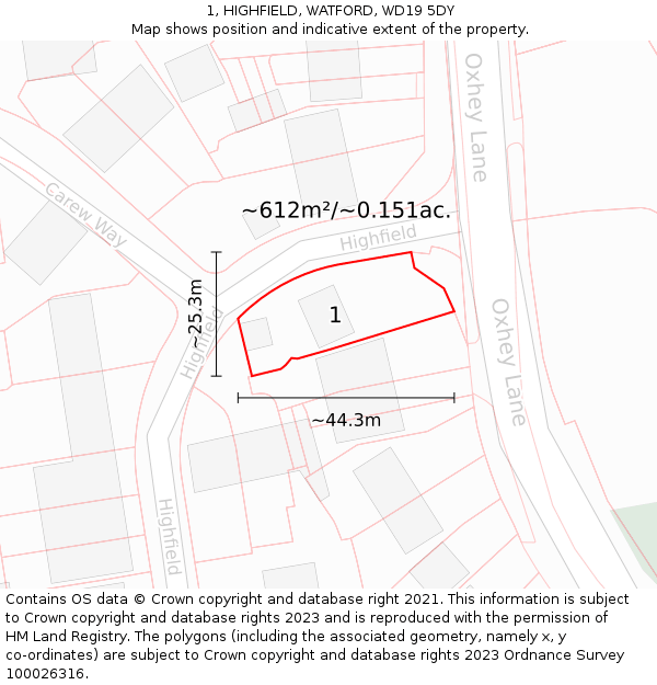 1, HIGHFIELD, WATFORD, WD19 5DY: Plot and title map