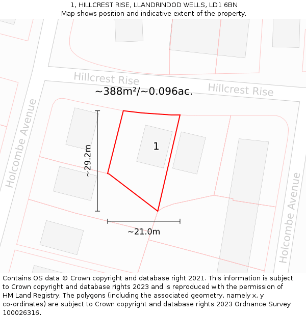 1, HILLCREST RISE, LLANDRINDOD WELLS, LD1 6BN: Plot and title map