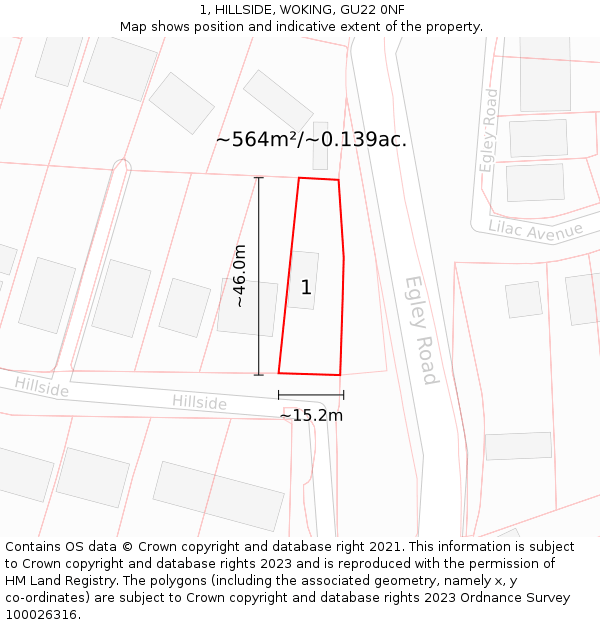 1, HILLSIDE, WOKING, GU22 0NF: Plot and title map