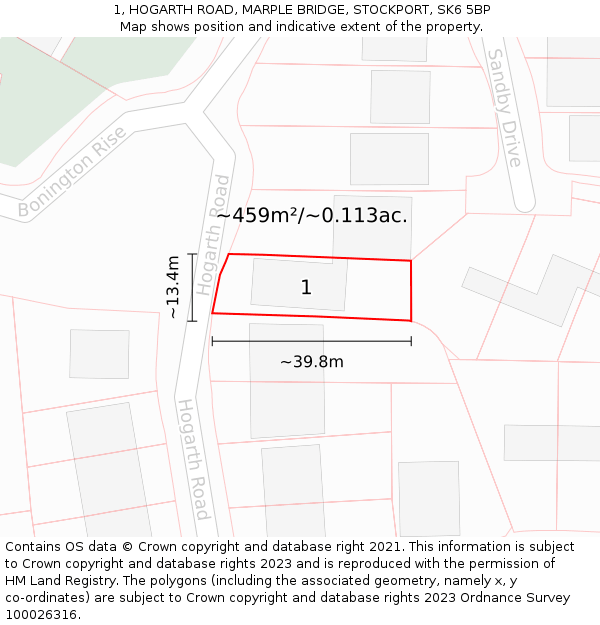 1, HOGARTH ROAD, MARPLE BRIDGE, STOCKPORT, SK6 5BP: Plot and title map