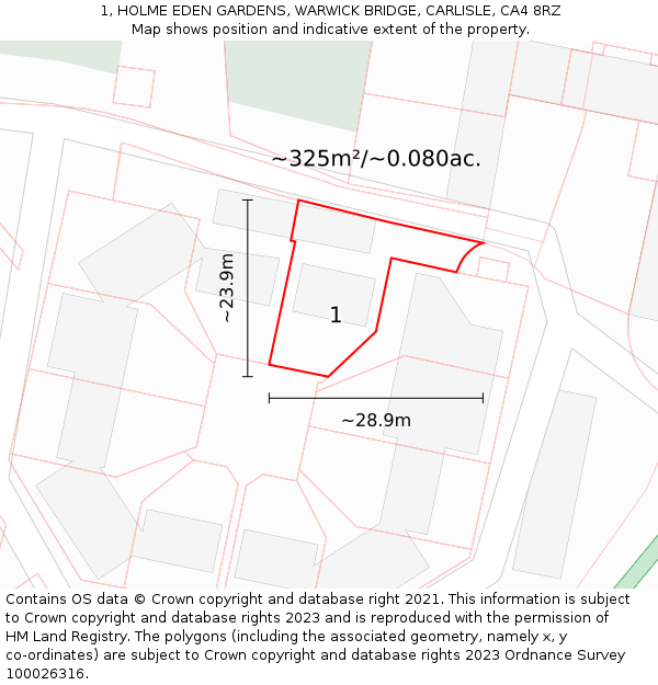 1, HOLME EDEN GARDENS, WARWICK BRIDGE, CARLISLE, CA4 8RZ: Plot and title map