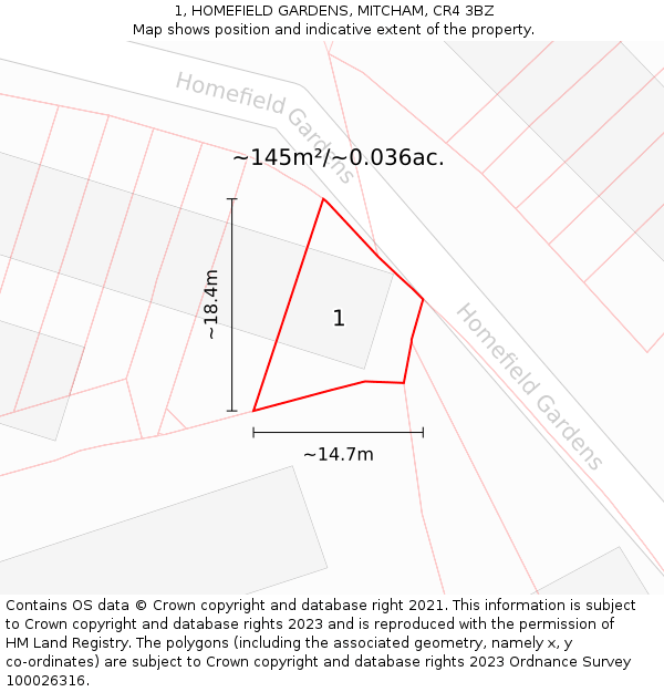 1, HOMEFIELD GARDENS, MITCHAM, CR4 3BZ: Plot and title map