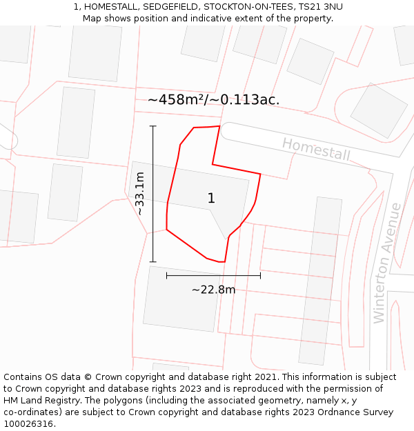 1, HOMESTALL, SEDGEFIELD, STOCKTON-ON-TEES, TS21 3NU: Plot and title map