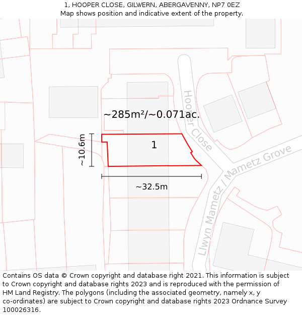 1, HOOPER CLOSE, GILWERN, ABERGAVENNY, NP7 0EZ: Plot and title map