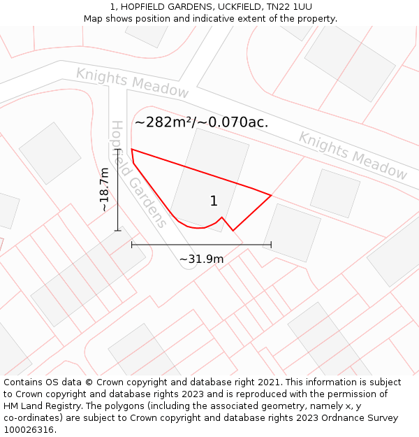 1, HOPFIELD GARDENS, UCKFIELD, TN22 1UU: Plot and title map