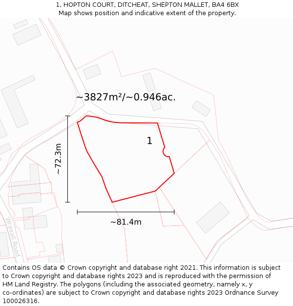 1, HOPTON COURT, DITCHEAT, SHEPTON MALLET, BA4 6BX: Plot and title map