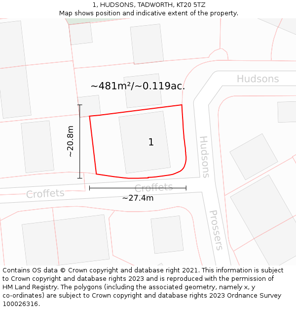 1, HUDSONS, TADWORTH, KT20 5TZ: Plot and title map