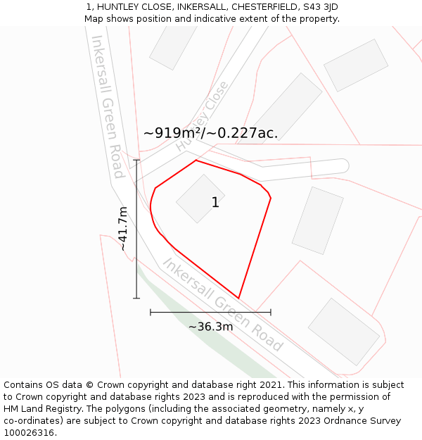 1, HUNTLEY CLOSE, INKERSALL, CHESTERFIELD, S43 3JD: Plot and title map