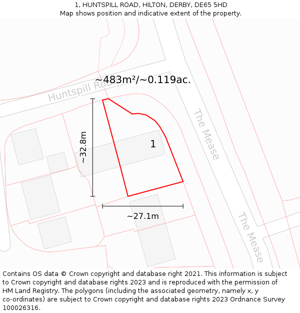 1, HUNTSPILL ROAD, HILTON, DERBY, DE65 5HD: Plot and title map