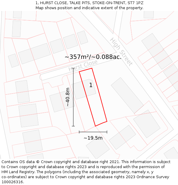 1, HURST CLOSE, TALKE PITS, STOKE-ON-TRENT, ST7 1PZ: Plot and title map