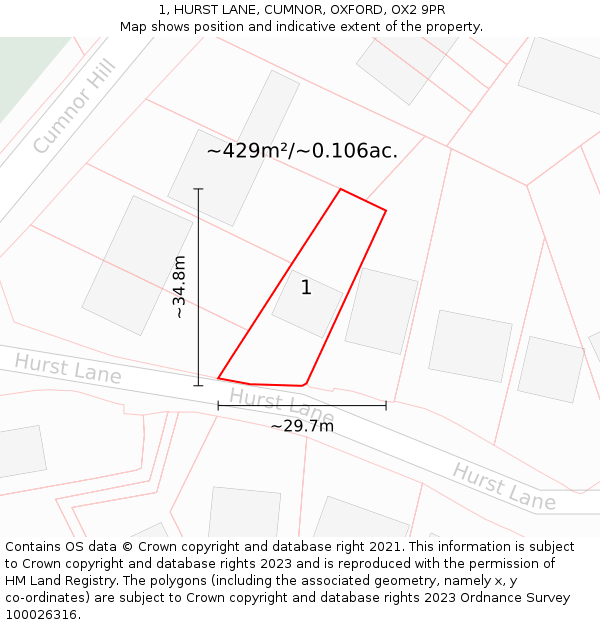 1, HURST LANE, CUMNOR, OXFORD, OX2 9PR: Plot and title map