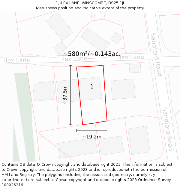 1, ILEX LANE, WINSCOMBE, BS25 1JL: Plot and title map