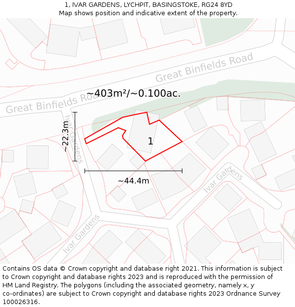 1, IVAR GARDENS, LYCHPIT, BASINGSTOKE, RG24 8YD: Plot and title map