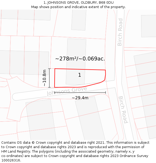 1, JOHNSONS GROVE, OLDBURY, B68 0DU: Plot and title map