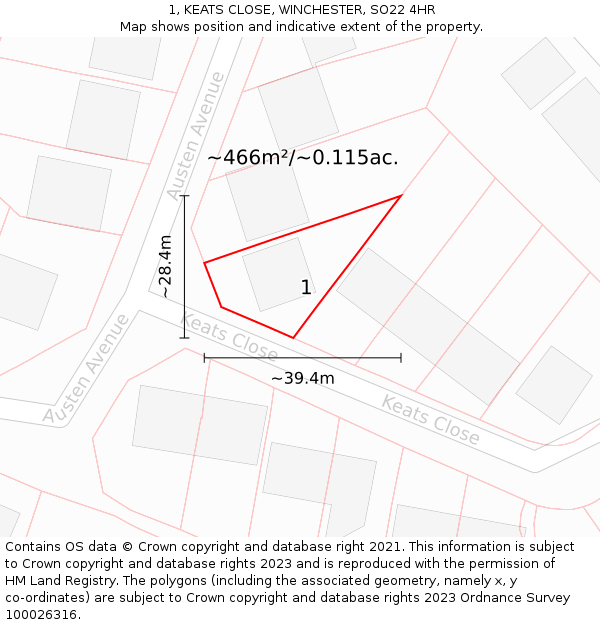 1, KEATS CLOSE, WINCHESTER, SO22 4HR: Plot and title map