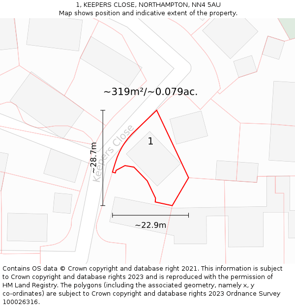 1, KEEPERS CLOSE, NORTHAMPTON, NN4 5AU: Plot and title map