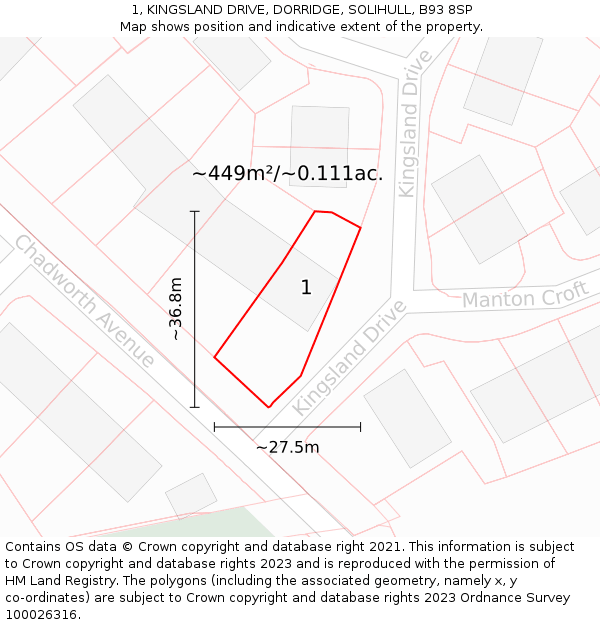 1, KINGSLAND DRIVE, DORRIDGE, SOLIHULL, B93 8SP: Plot and title map