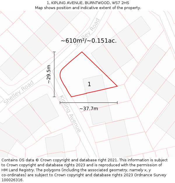 1, KIPLING AVENUE, BURNTWOOD, WS7 2HS: Plot and title map