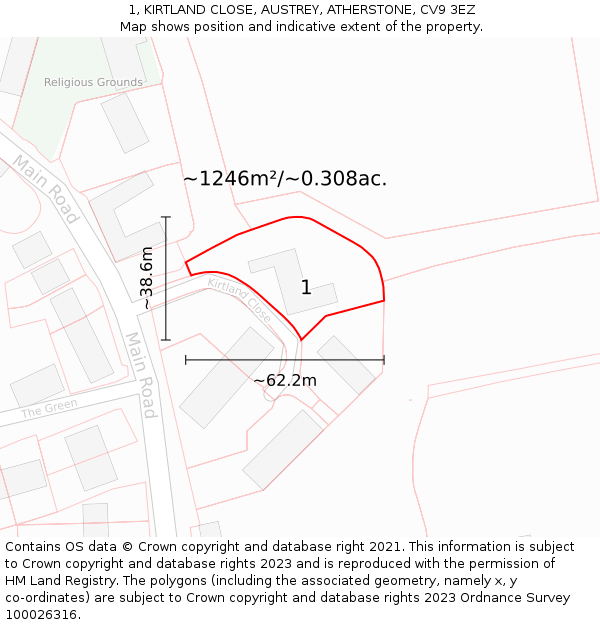 1, KIRTLAND CLOSE, AUSTREY, ATHERSTONE, CV9 3EZ: Plot and title map