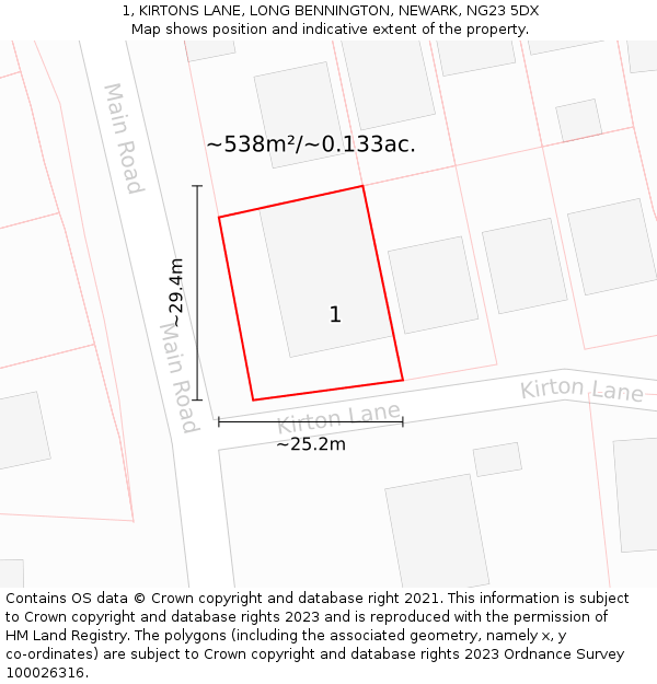 1, KIRTONS LANE, LONG BENNINGTON, NEWARK, NG23 5DX: Plot and title map