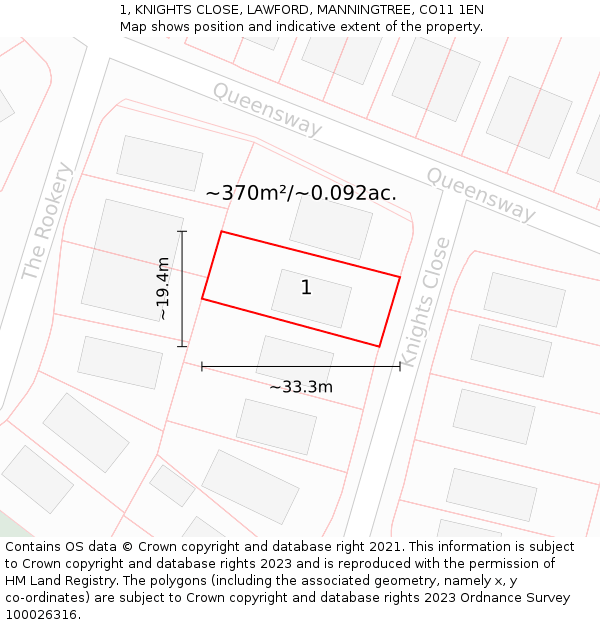 1, KNIGHTS CLOSE, LAWFORD, MANNINGTREE, CO11 1EN: Plot and title map