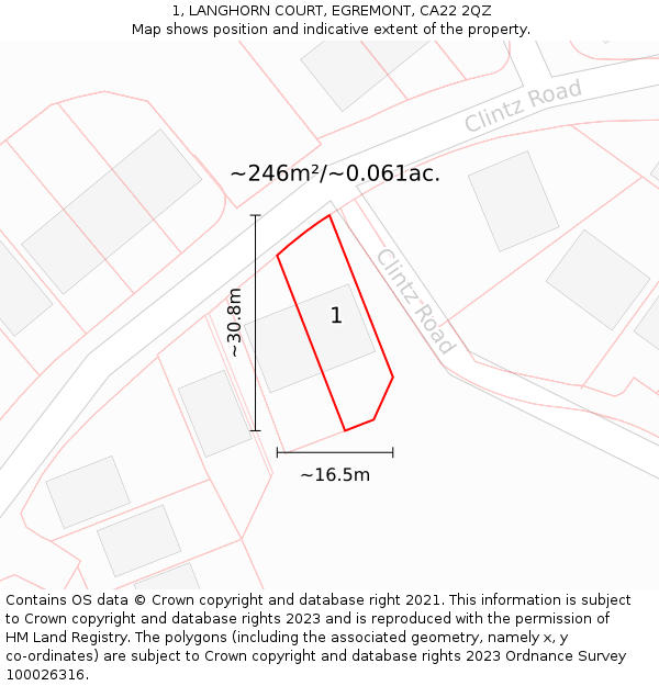 1, LANGHORN COURT, EGREMONT, CA22 2QZ: Plot and title map