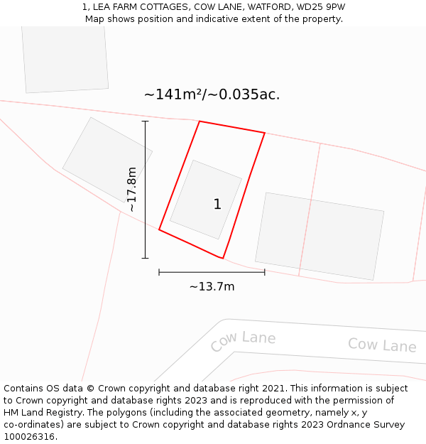 1, LEA FARM COTTAGES, COW LANE, WATFORD, WD25 9PW: Plot and title map