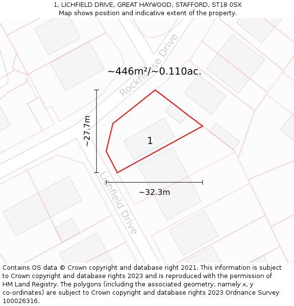 1, LICHFIELD DRIVE, GREAT HAYWOOD, STAFFORD, ST18 0SX: Plot and title map