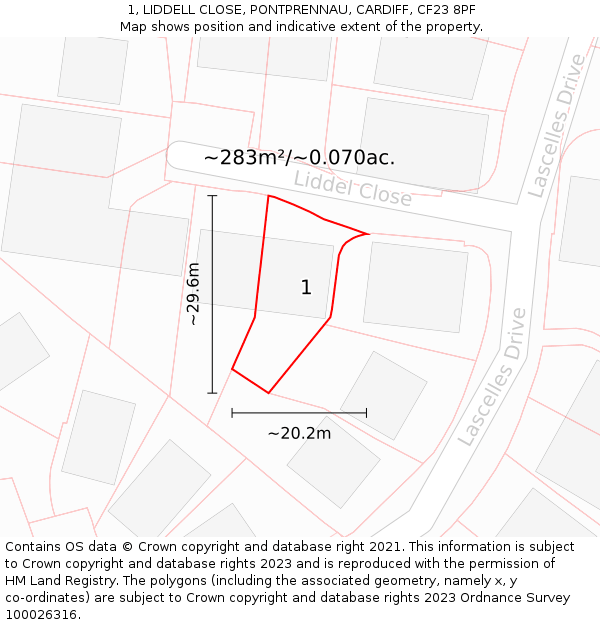 1, LIDDELL CLOSE, PONTPRENNAU, CARDIFF, CF23 8PF: Plot and title map