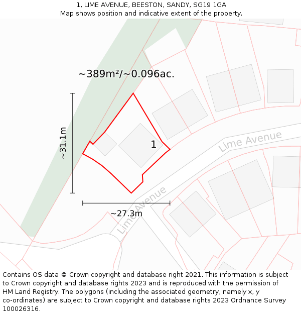 1, LIME AVENUE, BEESTON, SANDY, SG19 1GA: Plot and title map