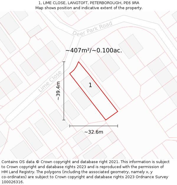 1, LIME CLOSE, LANGTOFT, PETERBOROUGH, PE6 9RA: Plot and title map