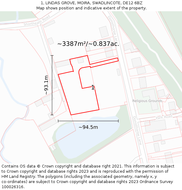 1, LINDAS GROVE, MOIRA, SWADLINCOTE, DE12 6BZ: Plot and title map