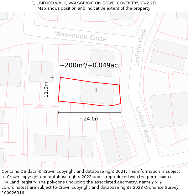 1, LINFORD WALK, WALSGRAVE ON SOWE, COVENTRY, CV2 2TL: Plot and title map