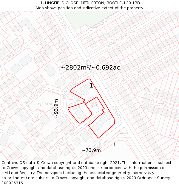 1, LINGFIELD CLOSE, NETHERTON, BOOTLE, L30 1BB: Plot and title map