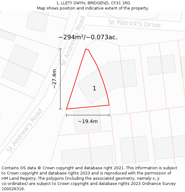 1, LLETY GWYN, BRIDGEND, CF31 1RG: Plot and title map