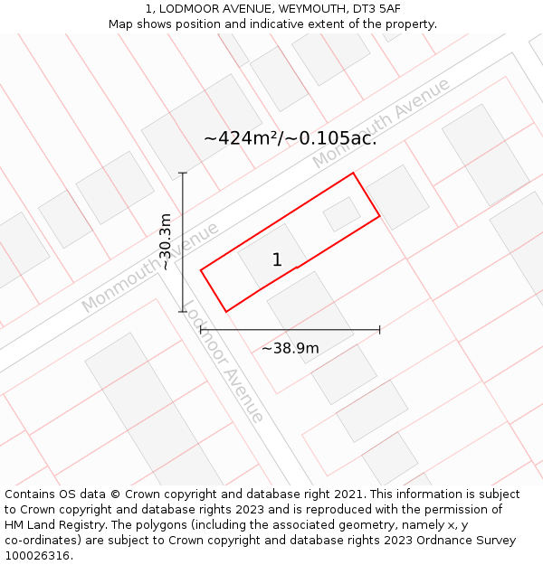 1, LODMOOR AVENUE, WEYMOUTH, DT3 5AF: Plot and title map