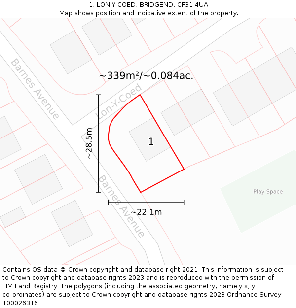 1, LON Y COED, BRIDGEND, CF31 4UA: Plot and title map