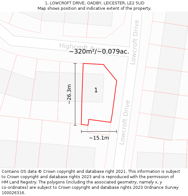 1, LOWCROFT DRIVE, OADBY, LEICESTER, LE2 5UD: Plot and title map