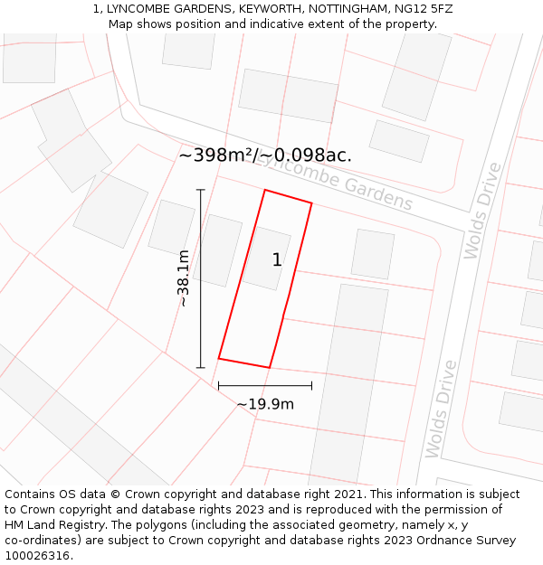 1, LYNCOMBE GARDENS, KEYWORTH, NOTTINGHAM, NG12 5FZ: Plot and title map